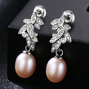 Leaf Design Sterling Silver Zircon Pearl Earrings
